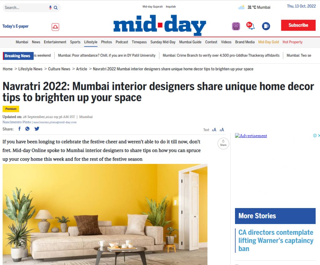 Mid Day -Navratri: Mumbai interior designers share unique home decor tips to brighten up your space 