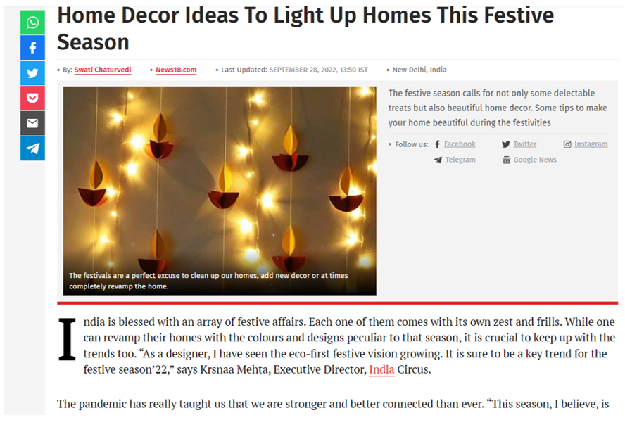 News 18 -Home decor ideas to light up homes this festive season 