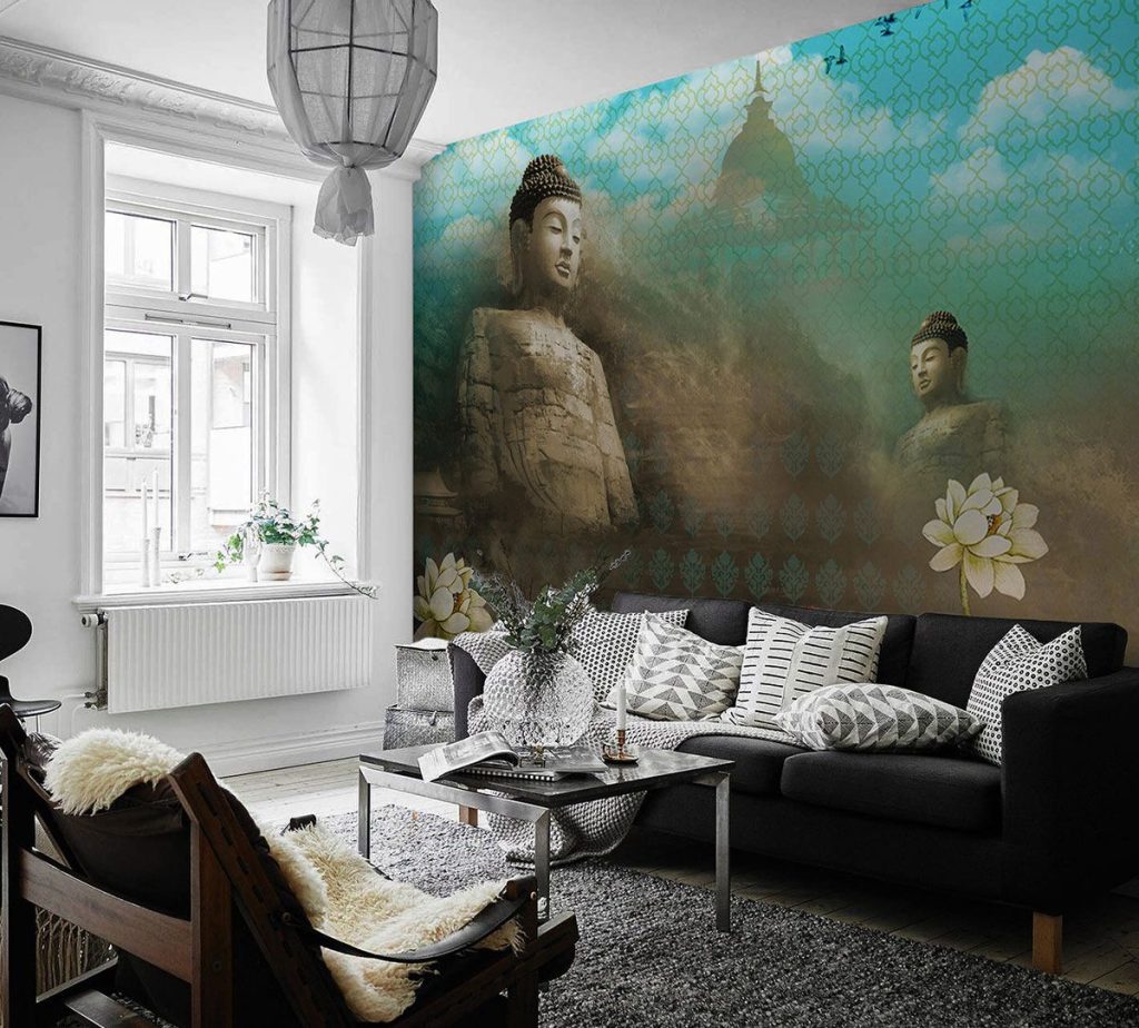Buddha's Heart Sutra - Turquoise Wallpaper by India Circus 