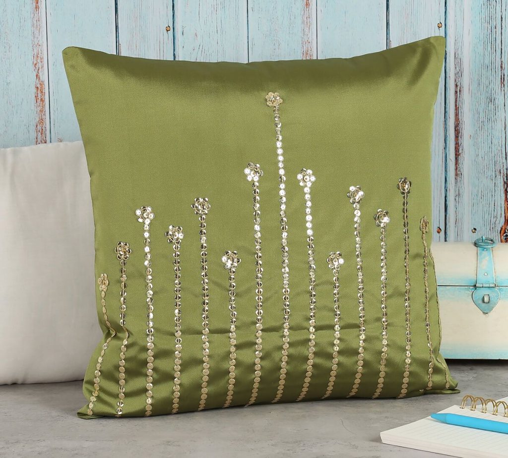 Olive Green Embellished Cushion Cover by India Circus