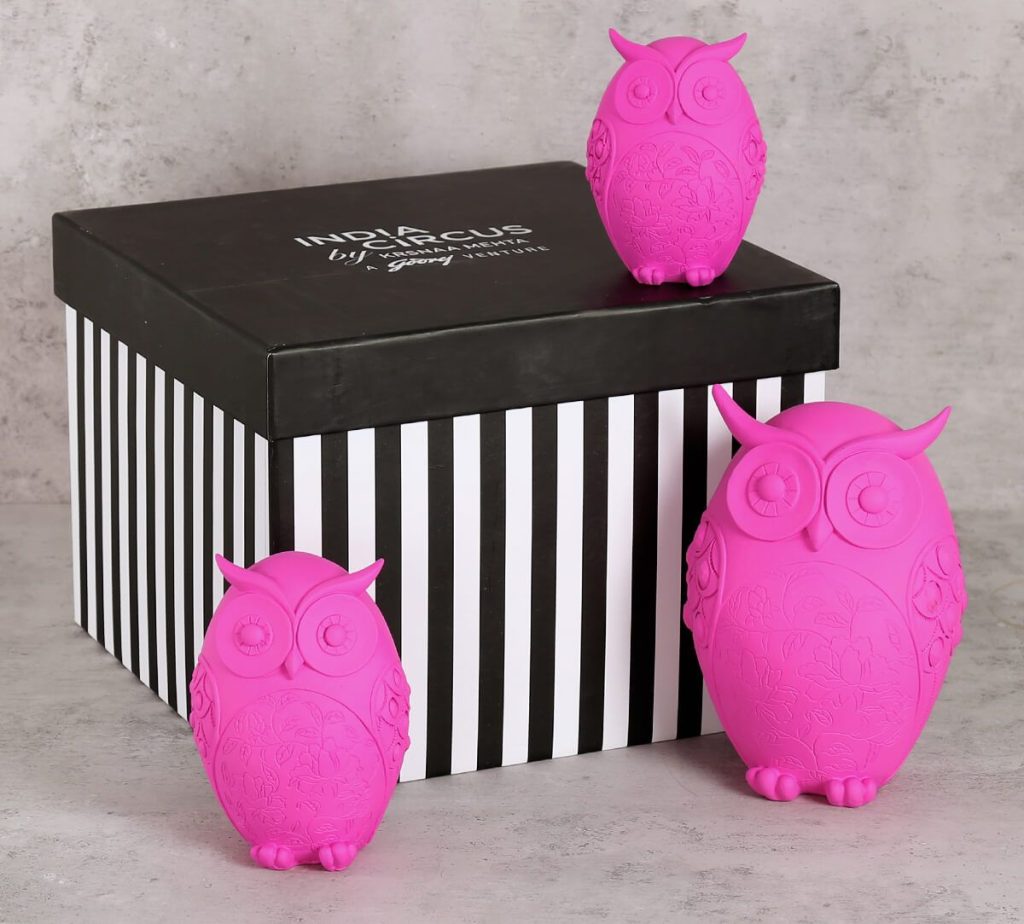 Neon Pink Owl Figurine Set of 3 by India Circus 