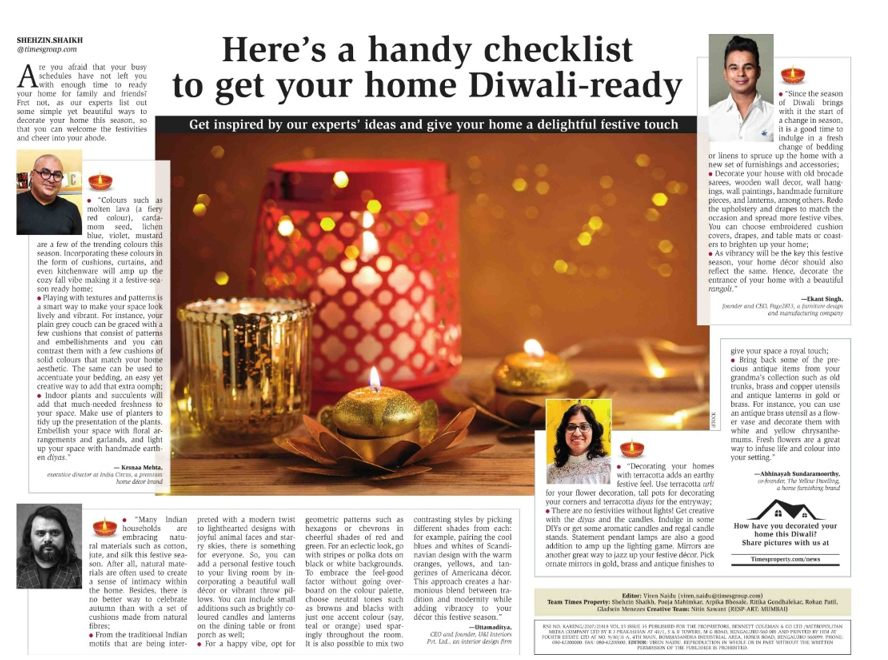The Times Of India - October 2022 -  Handy Checklist to get your home ready for Diwali - Ready 