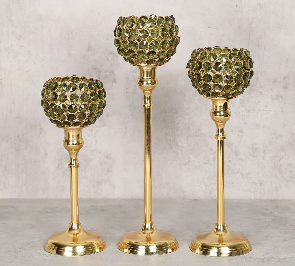 Olive Crystal Candle Holder Set of 3 by India Circus 