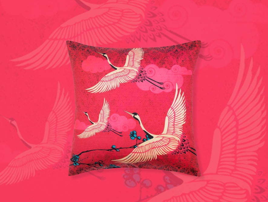 Legend of the cranes poly taf silk cushion