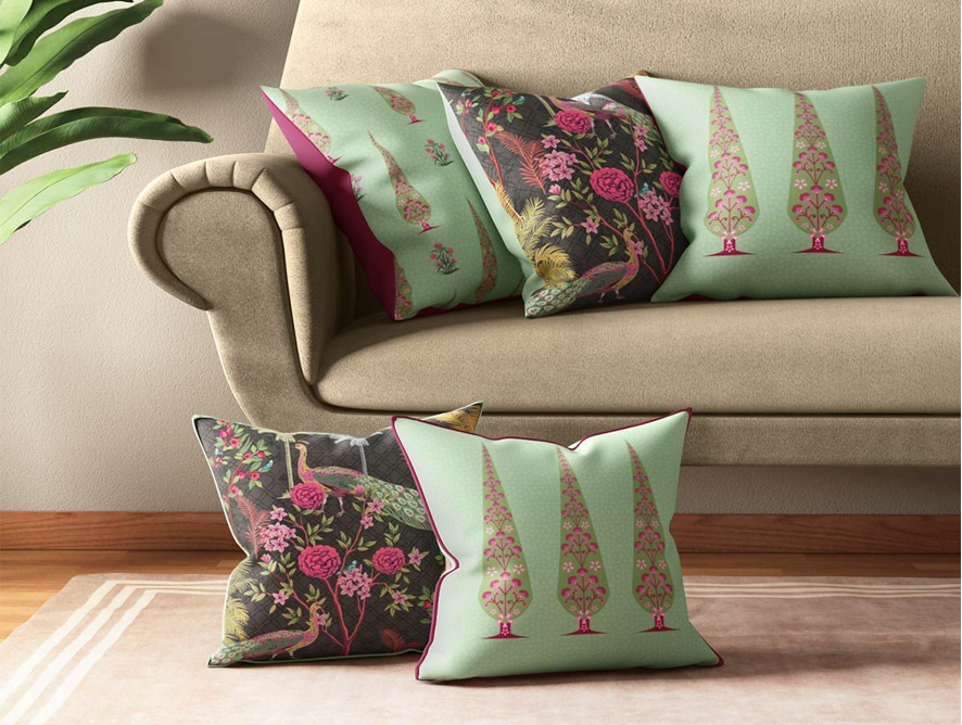 Peacock-and-conifer-cushion by India Circus