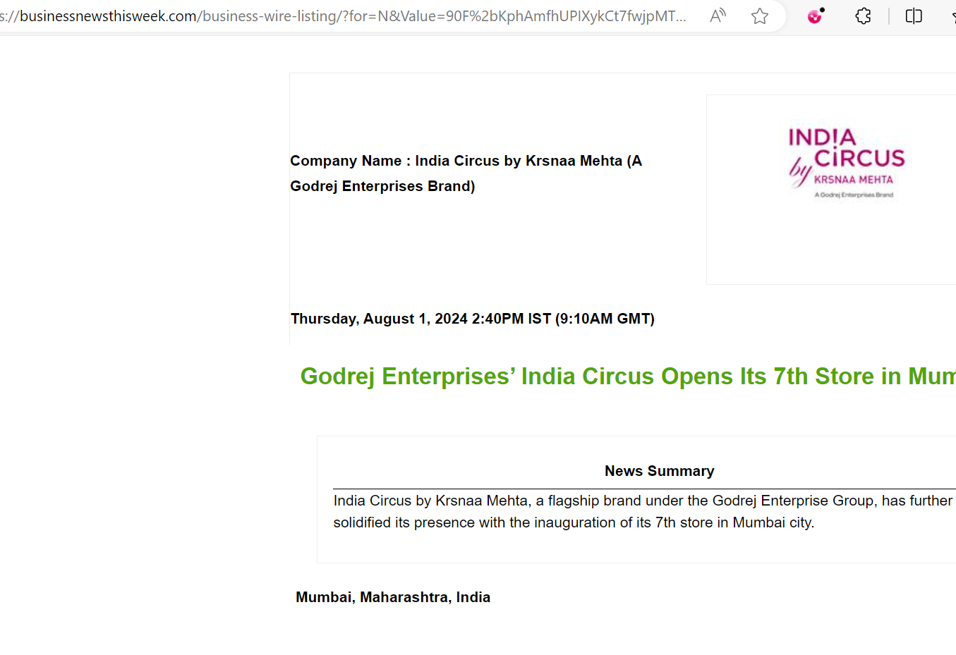 Godrej Enterprises’ India Circus Opens Its 7th Store in Mumbai - Business News This Week, August 2024