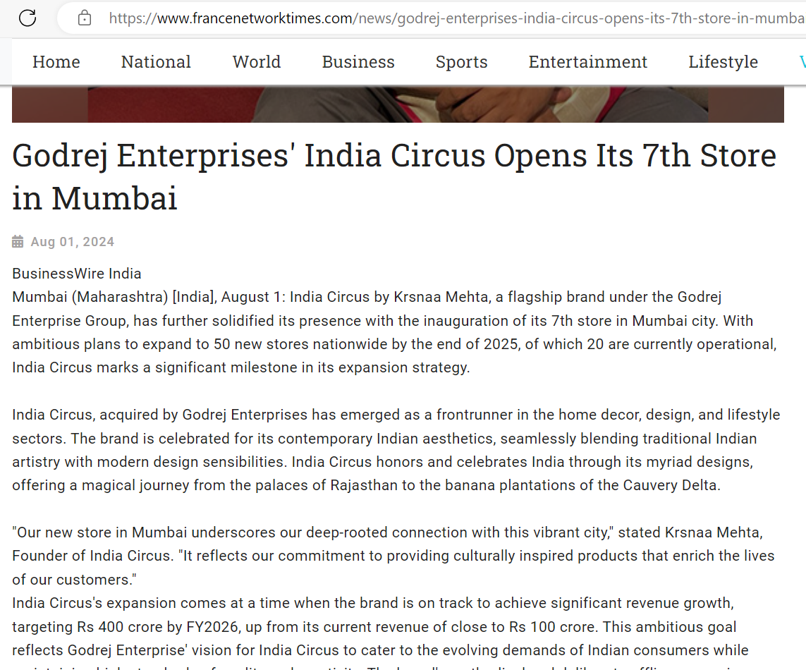 Godrej Enterprises' India Circus Opens Its 7th Store in Mumbai - France Network Times, August 2024